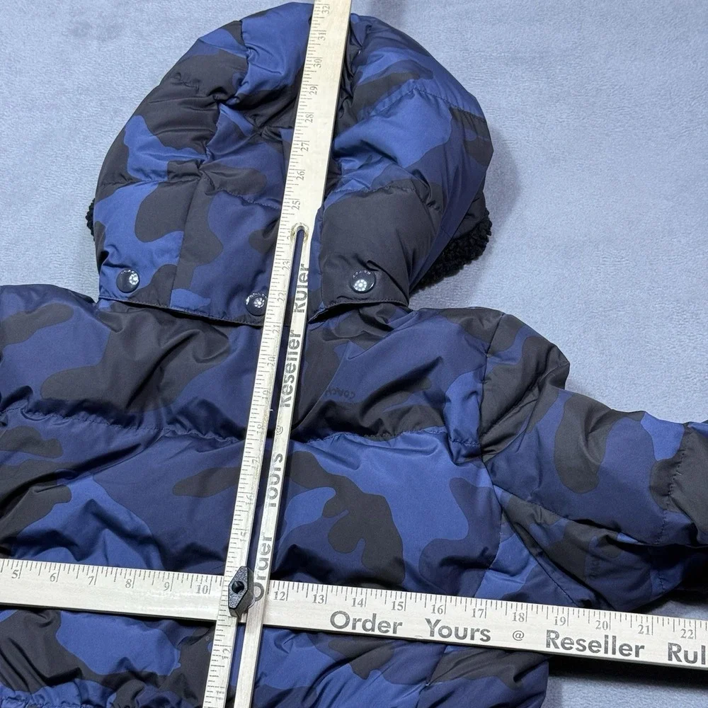 Coach Puffer Jacket Womens S Blue Camo Goose Down Sherpa Hood